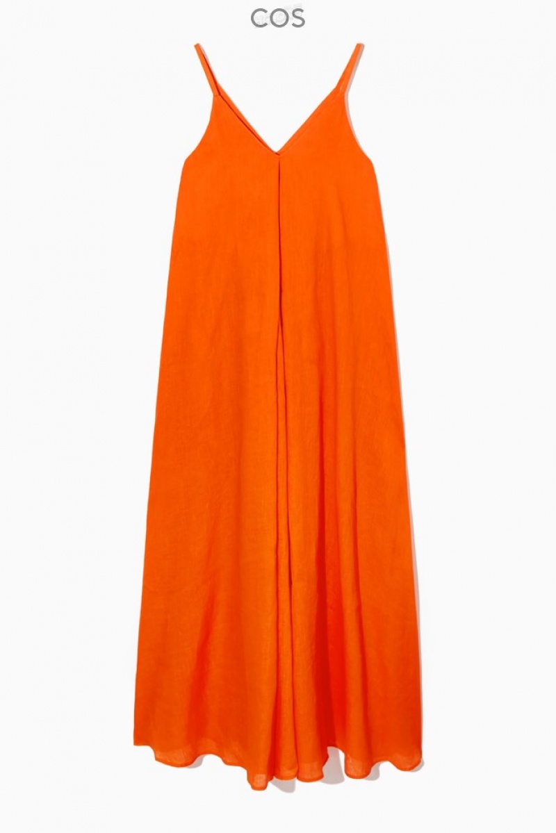 COS Plissé V-Neck Linen Midi Robe Orange | 473652-KVQ