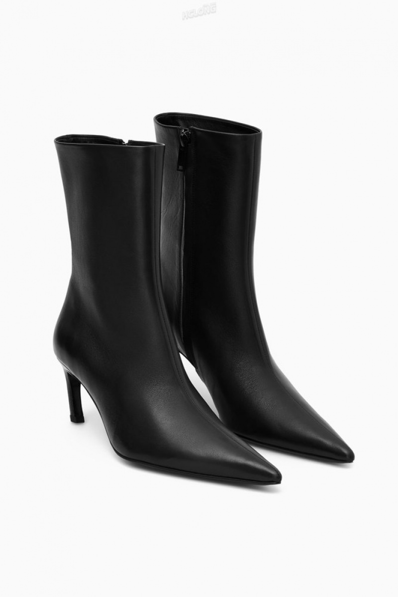 COS Pointed Kitten-Heel Cuir Boots Noir | 073841-GKO