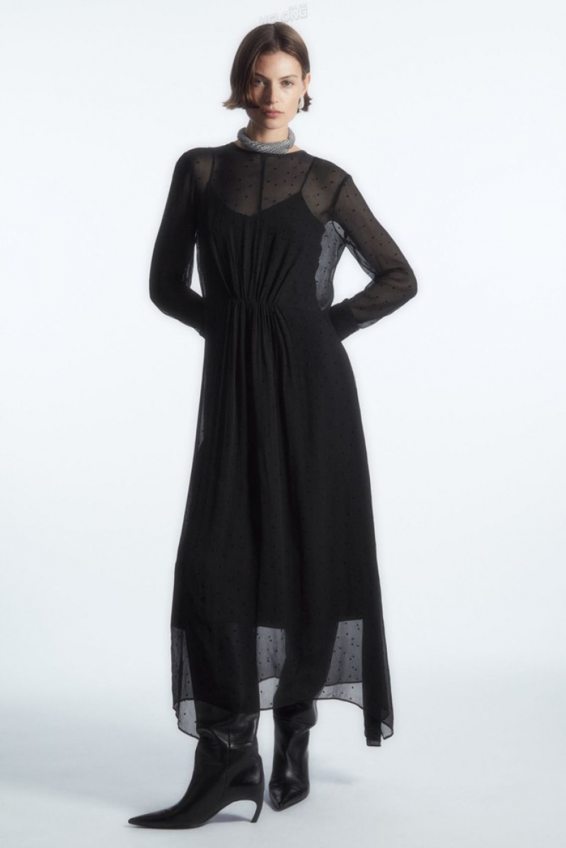 COS Polka-Dot Silk-Chiffon Midi Robe Noir | 198053-QXE