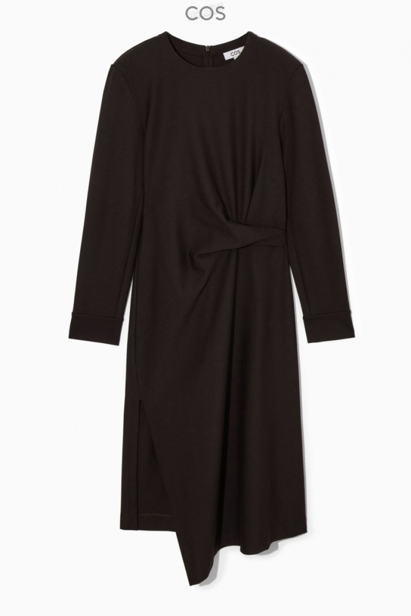 COS Power-Shoulder Midi Robe Marron Foncé | 925430-WSL