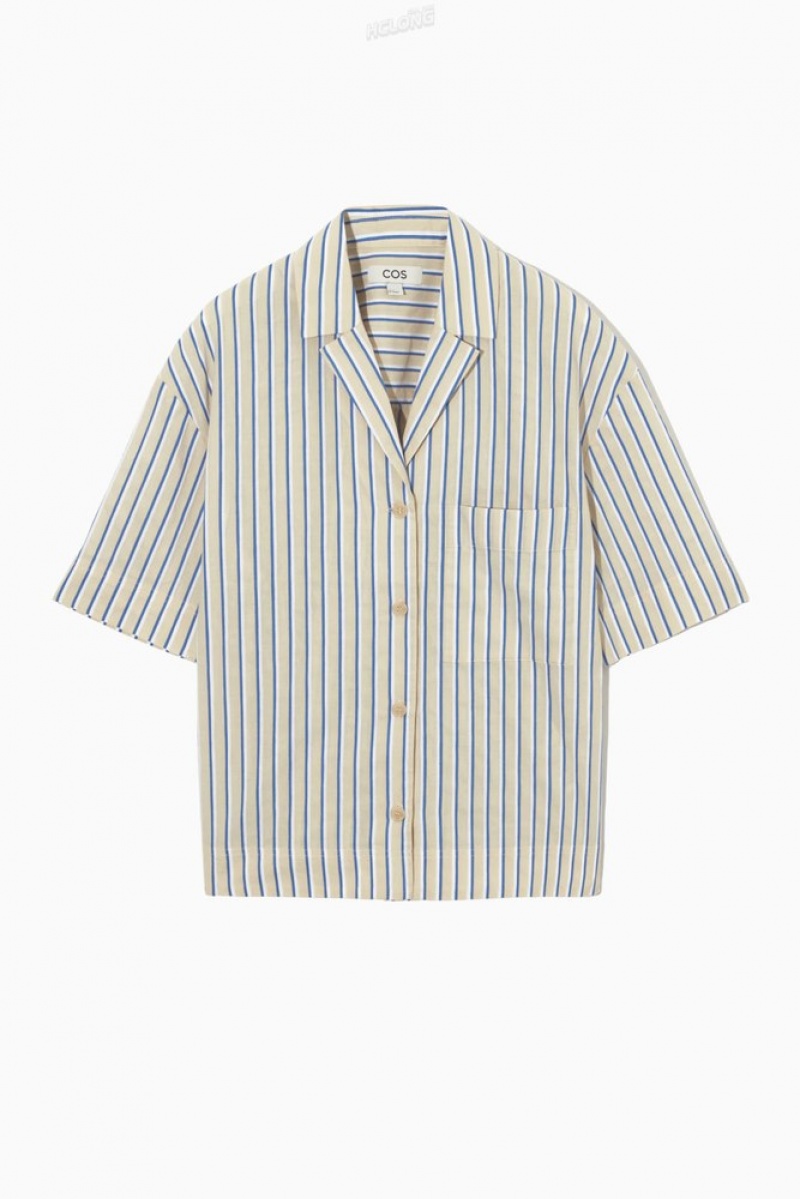 COS Rayé Linen-Blend Camp-Collar Shirt Beige Bleu | 029751-HMT