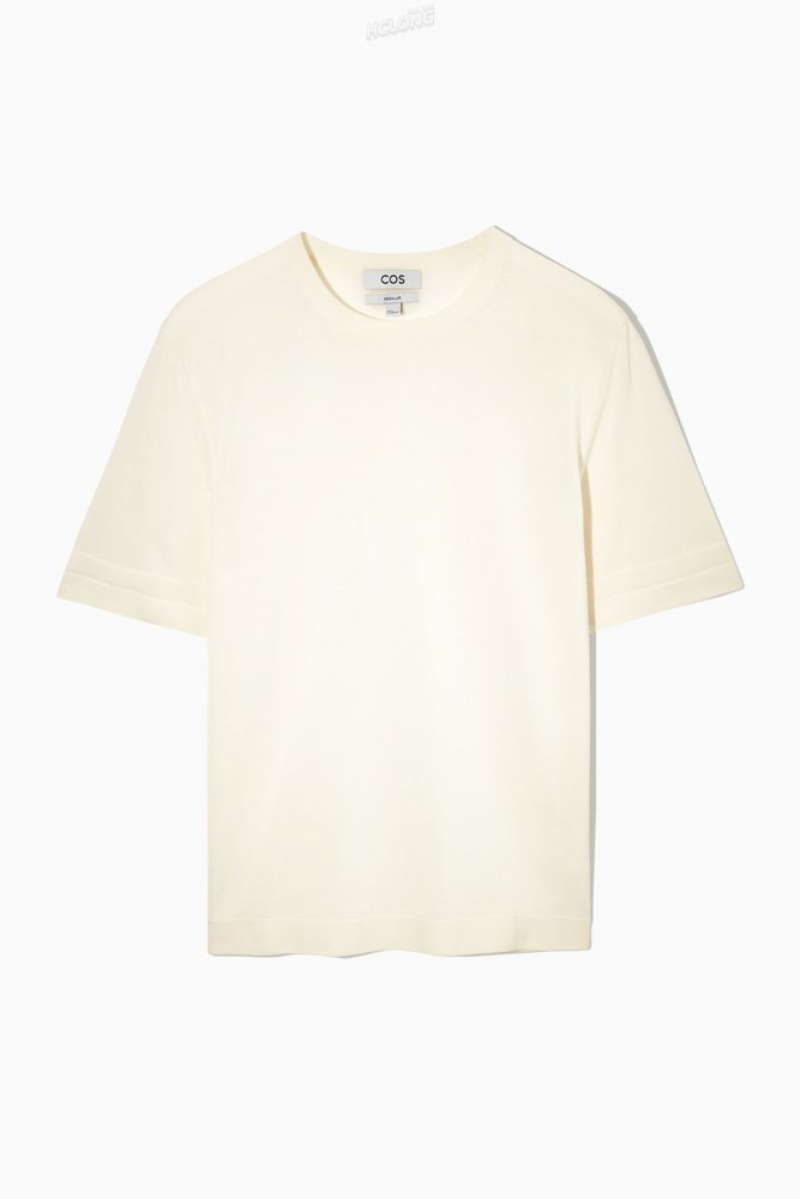 COS Regular-Fit Tricoté-Cuff T-Shirt Off-White | 437526-SDT