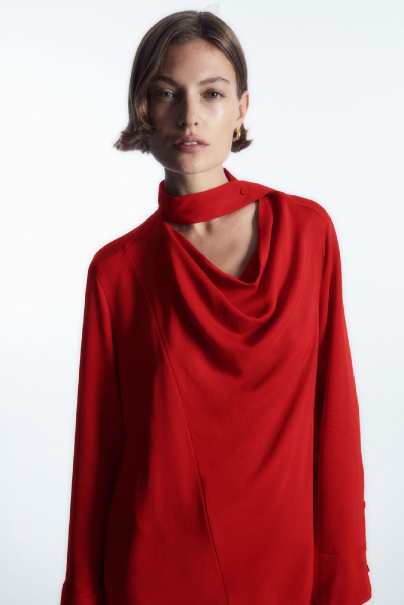 COS Scarf-Detail Draped Midi Robe Rouge | 731095-CRE