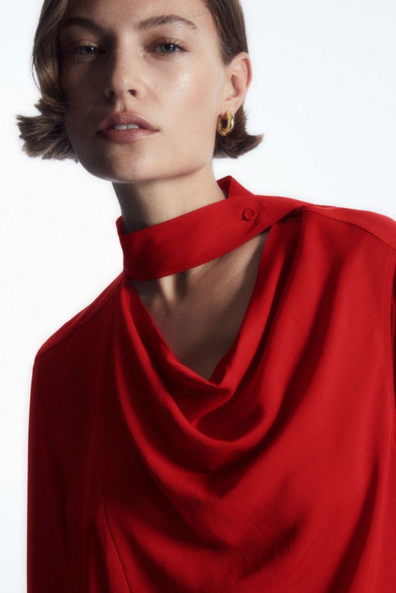 COS Scarf-Detail Draped Midi Robe Rouge | 731095-CRE