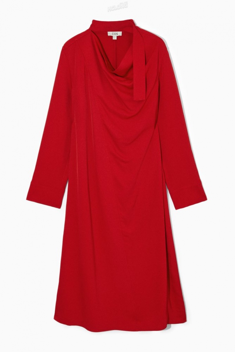 COS Scarf-Detail Draped Midi Robe Rouge | 731095-CRE