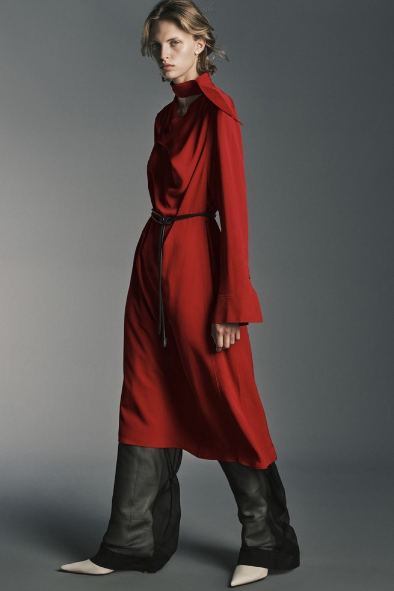 COS Scarf-Detail Draped Midi Robe Rouge | 731095-CRE