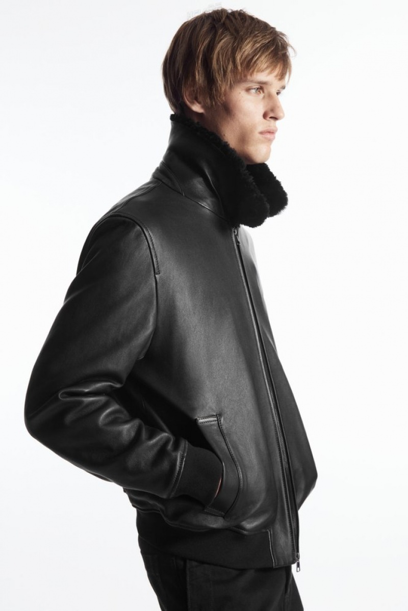 COS Shearling-Trimmed Cuir Bomber Jacket Noir | 910643-ILH