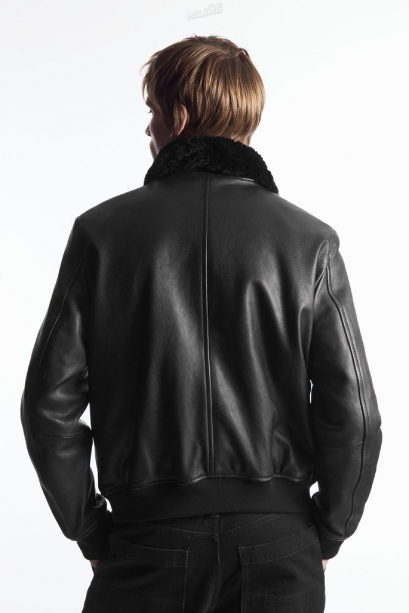 COS Shearling-Trimmed Cuir Bomber Jacket Noir | 910643-ILH