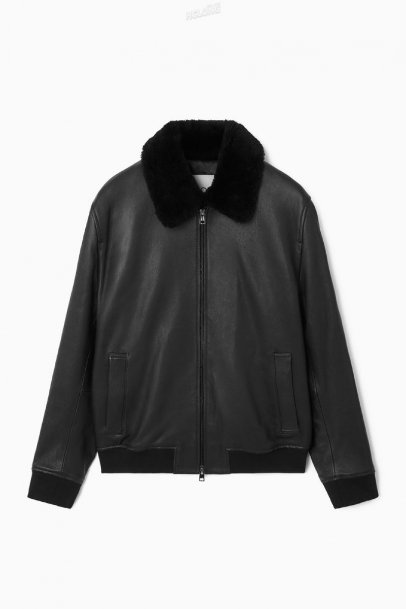 COS Shearling-Trimmed Cuir Bomber Jacket Noir | 910643-ILH