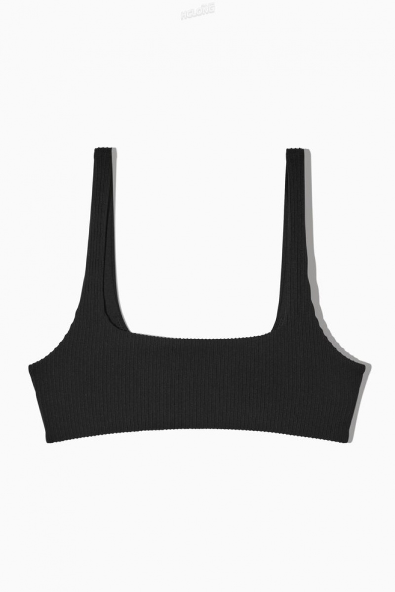 COS Square-Neck Nervuré Bikini Top Noir | 587342-JGT