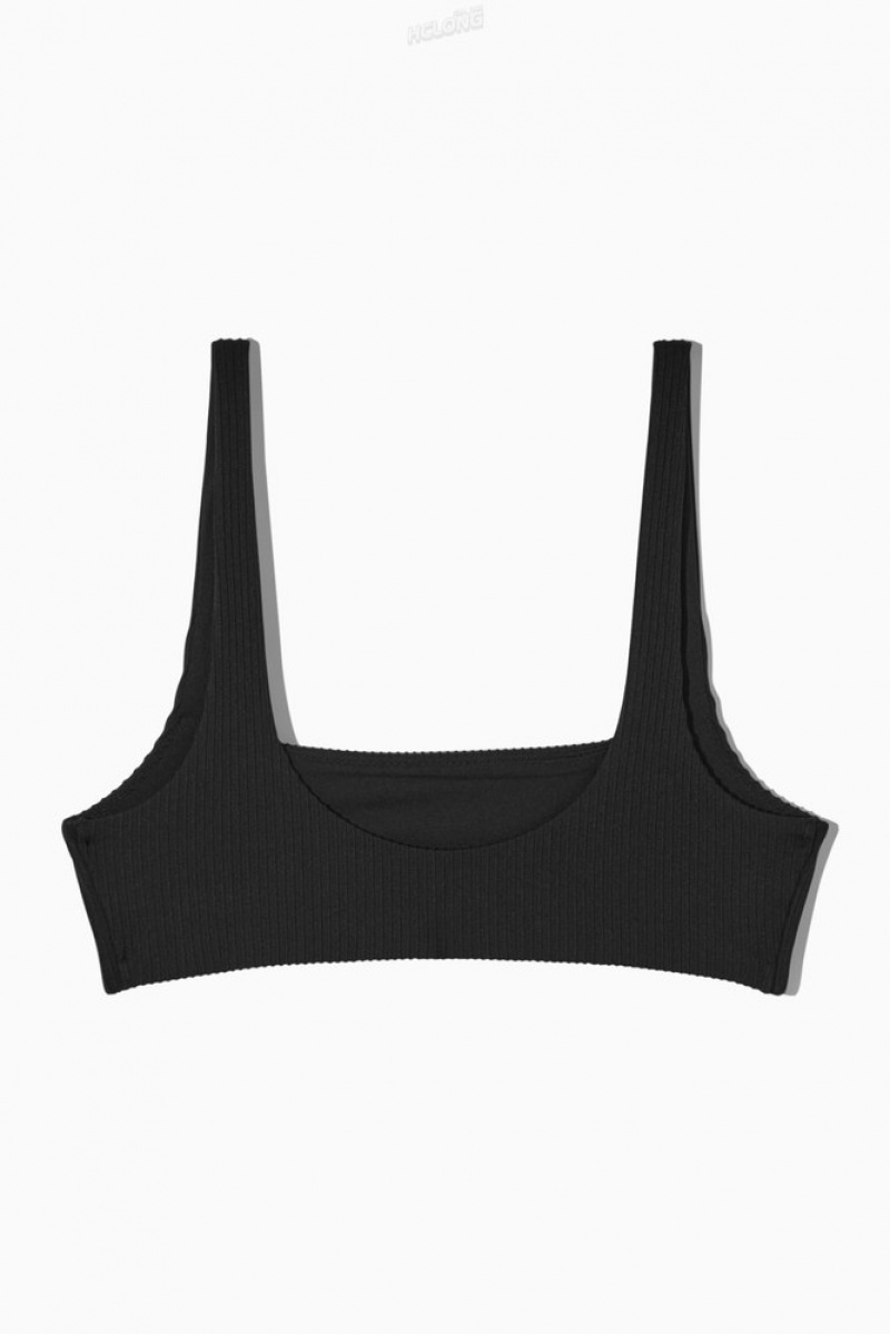 COS Square-Neck Nervuré Bikini Top Noir | 587342-JGT