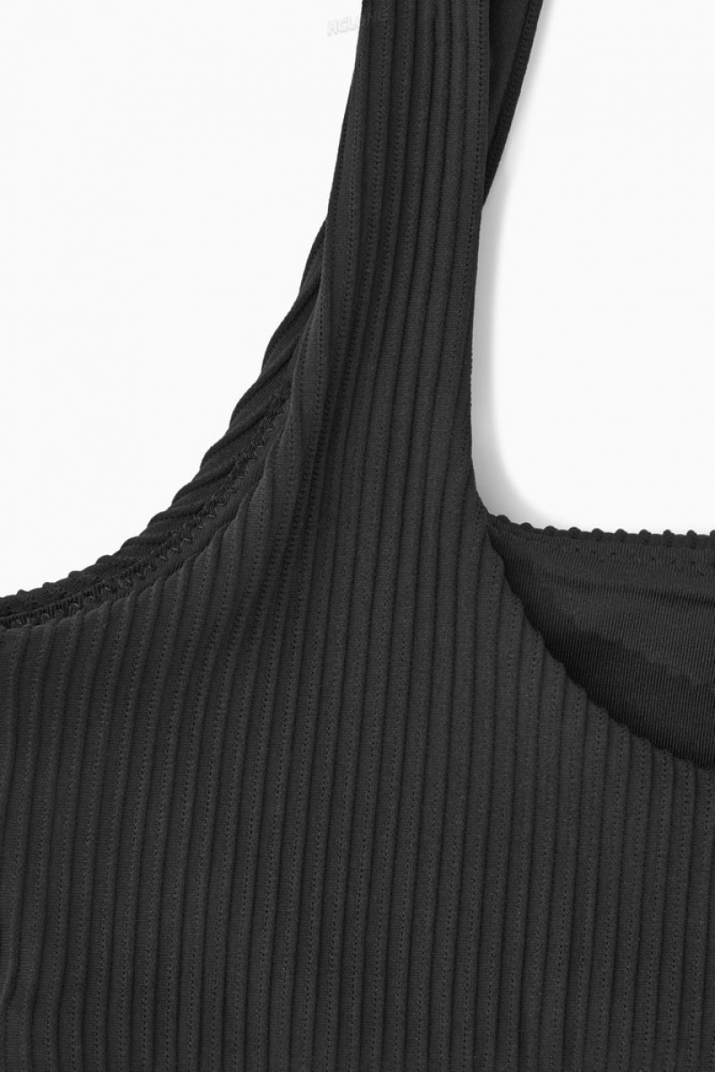 COS Square-Neck Nervuré Bikini Top Noir | 587342-JGT