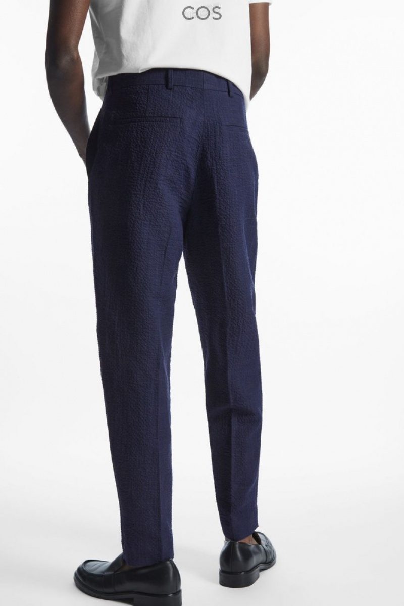 COS Tapered Textured-Seersucker Trousers Bleu Marine | 782314-NOL