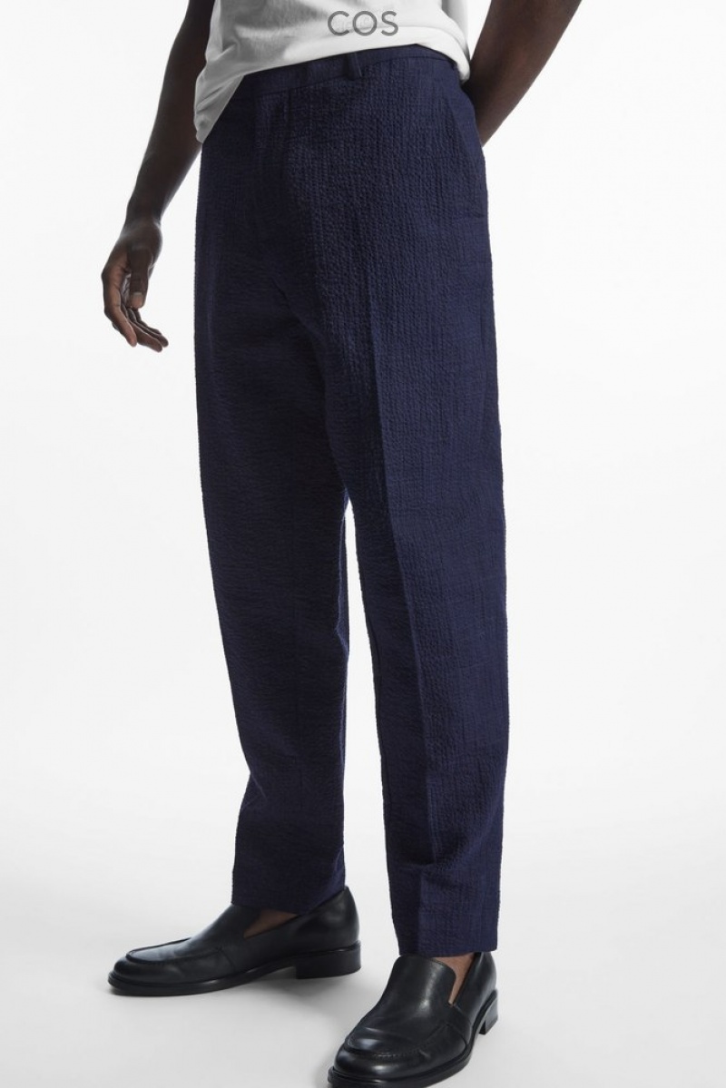 COS Tapered Textured-Seersucker Trousers Bleu Marine | 782314-NOL