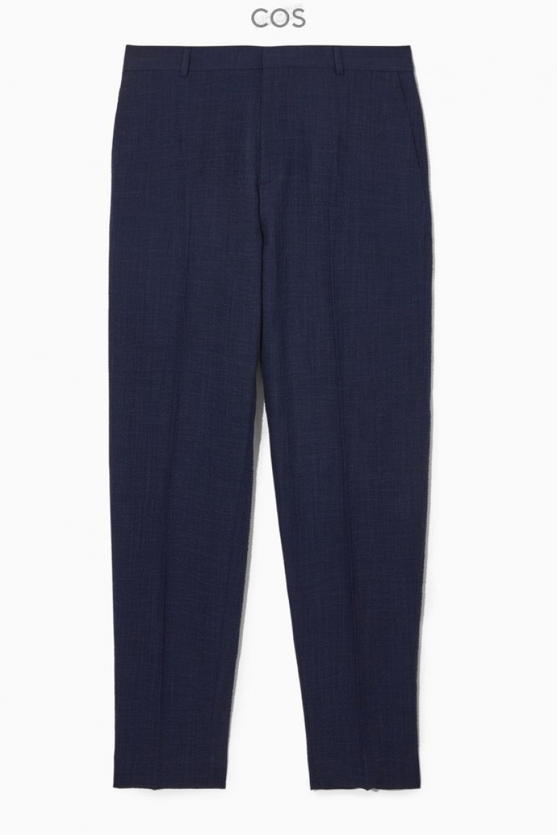 COS Tapered Textured-Seersucker Trousers Bleu Marine | 782314-NOL