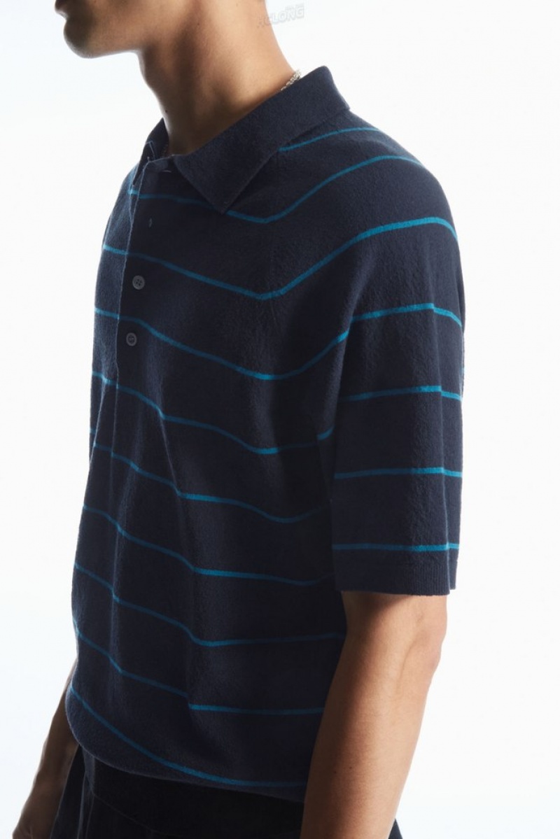 COS Textured-Knit Rayé Polo Shirt Blanche | 063582-ZQM