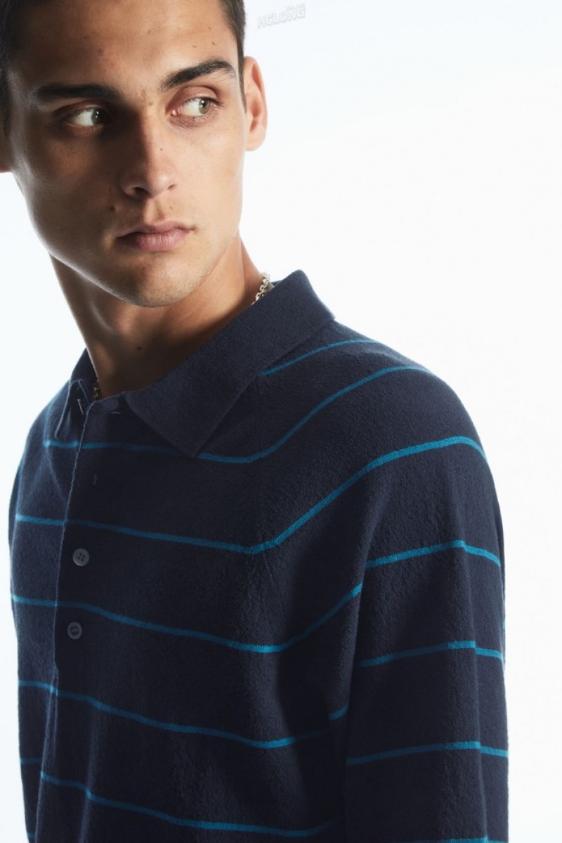 COS Textured-Knit Rayé Polo Shirt Blanche | 063582-ZQM