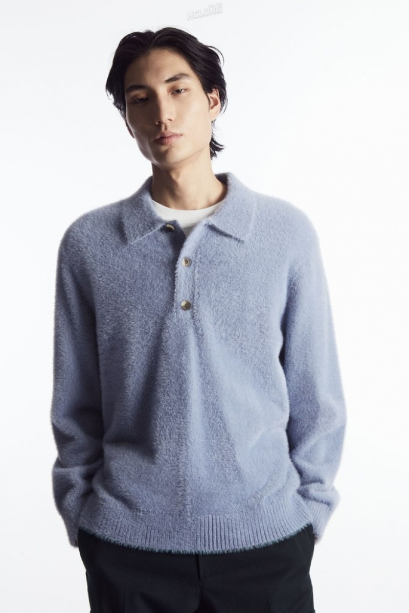 COS Textured Tricoté Polo Shirt Bleu | 870195-DGU