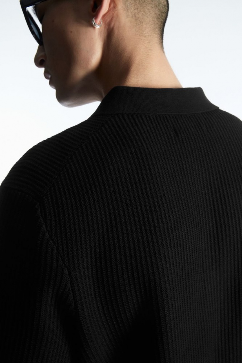 COS Textured Tricoté Polo Shirt Noir | 547698-UYF