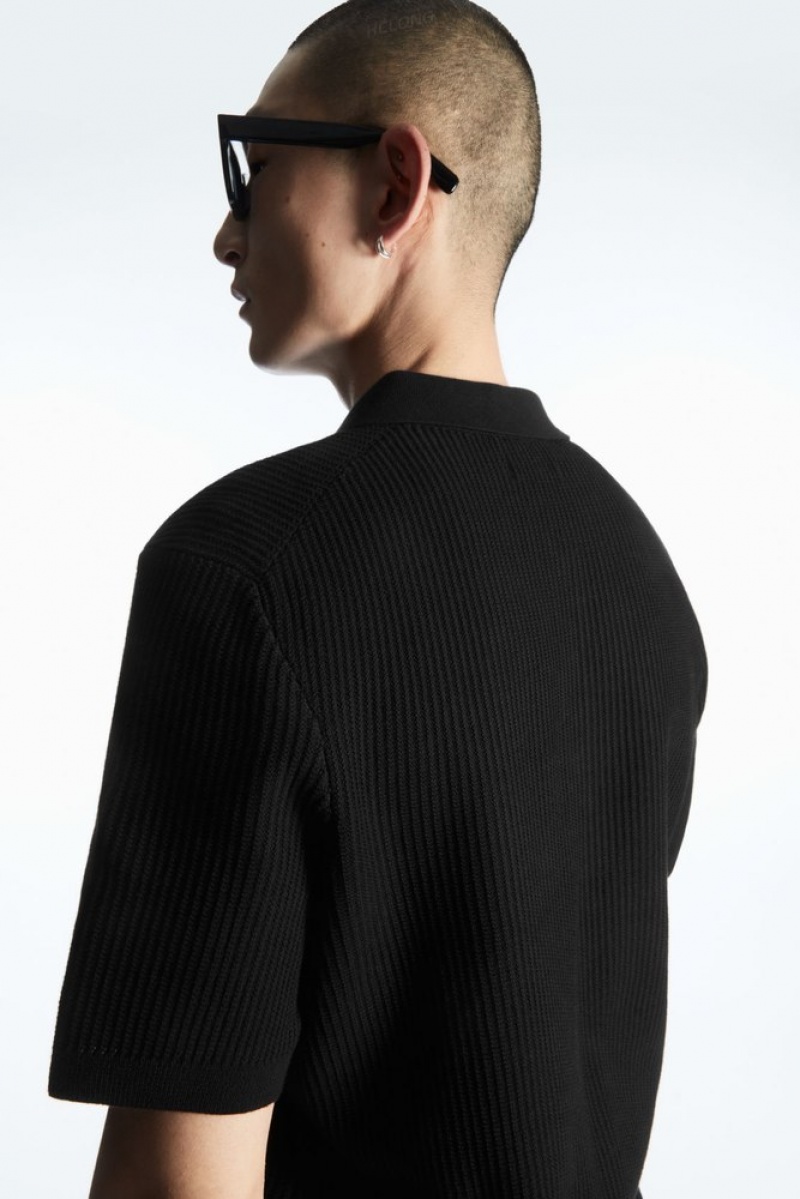 COS Textured Tricoté Polo Shirt Noir | 547698-UYF