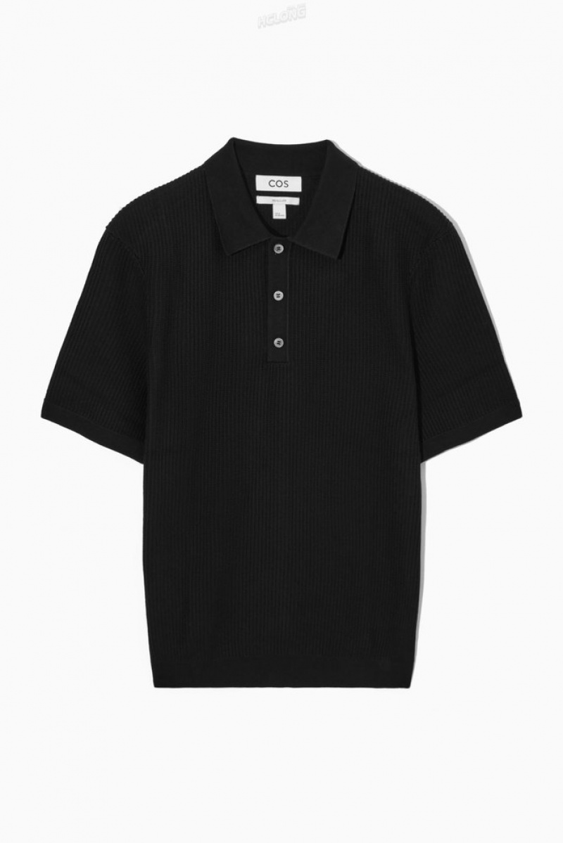 COS Textured Tricoté Polo Shirt Noir | 547698-UYF