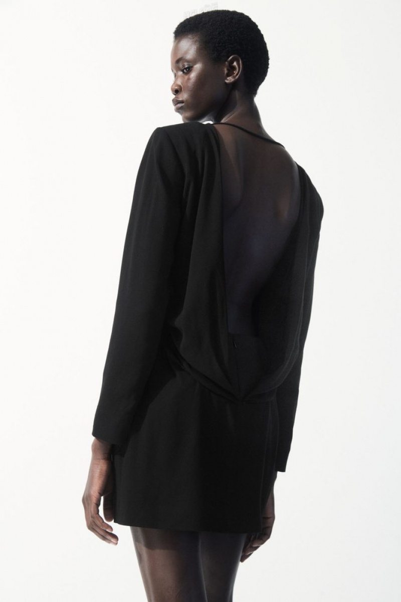 COS The Draped Open-Back Mini Robe Noir | 182675-GUB