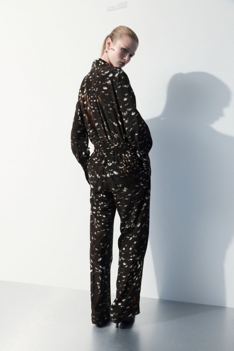 COS The Feather-Print Silk Trousers Noir | 326840-WQV