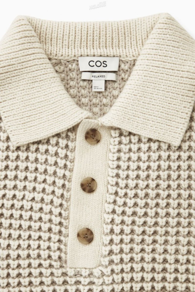 COS Two-Tone Waffle-Knit Polo Shirt Blanche | 890157-COR