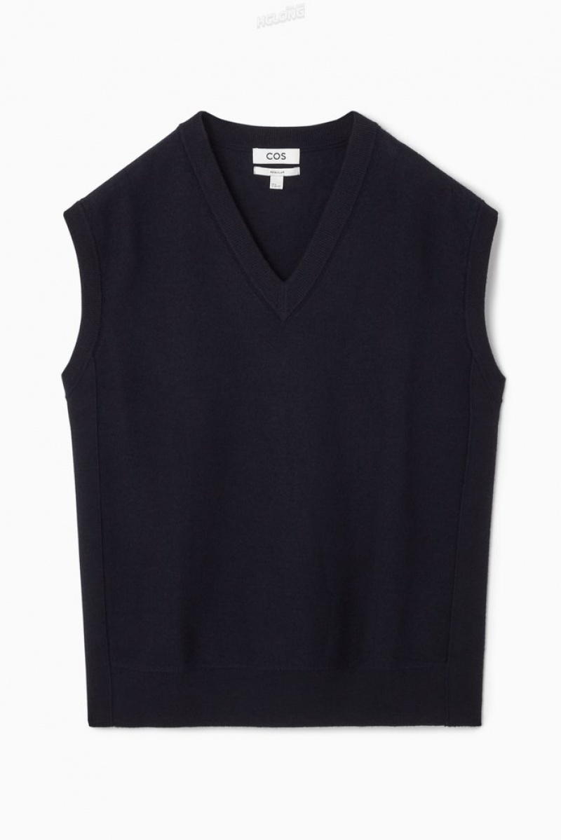 COS V-Neck Boiled-Laine Vest Bleu Marine Foncé | 295370-ITX