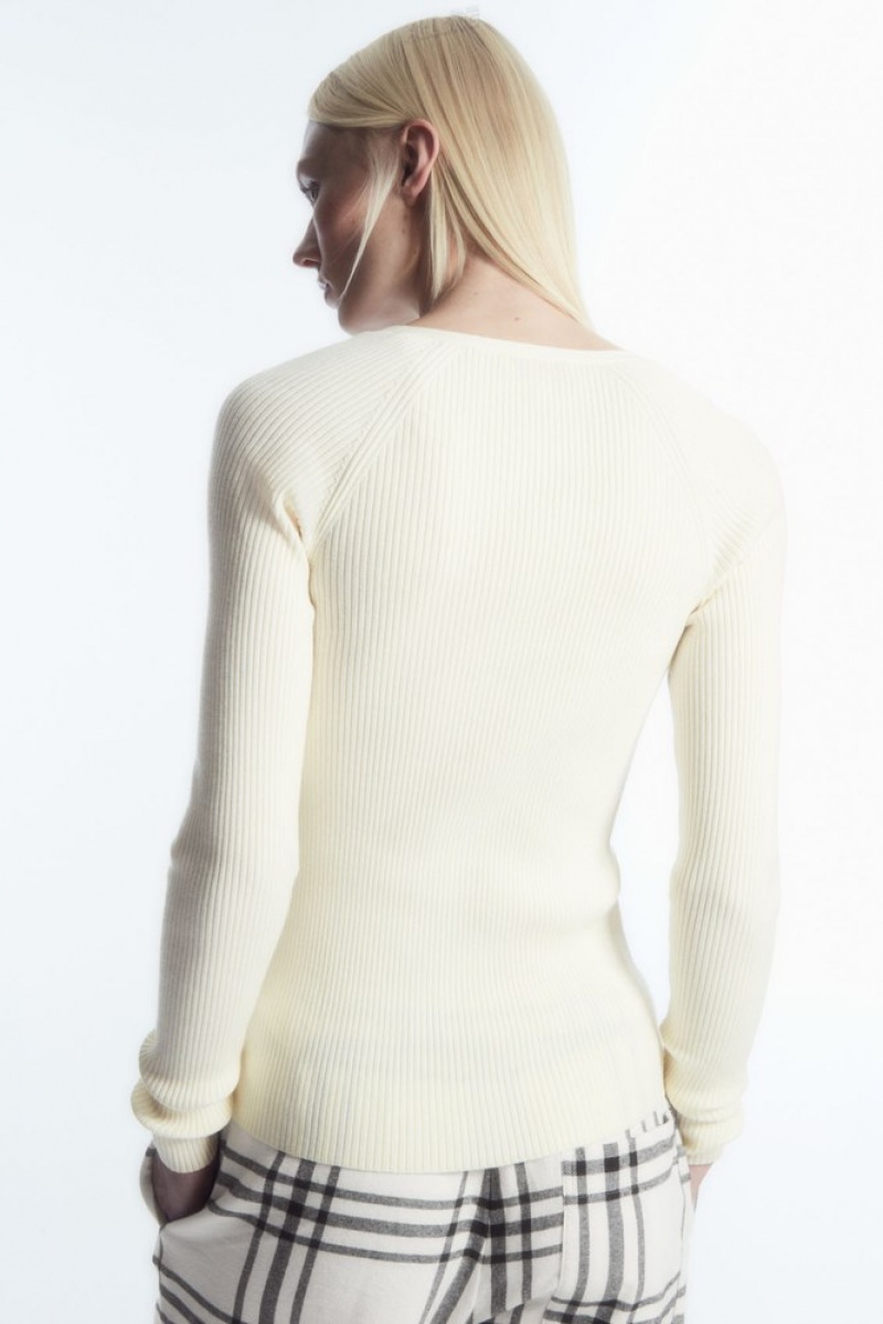 COS V-Neck Nervuré Laine Henley Top Blanche | 681372-AXO