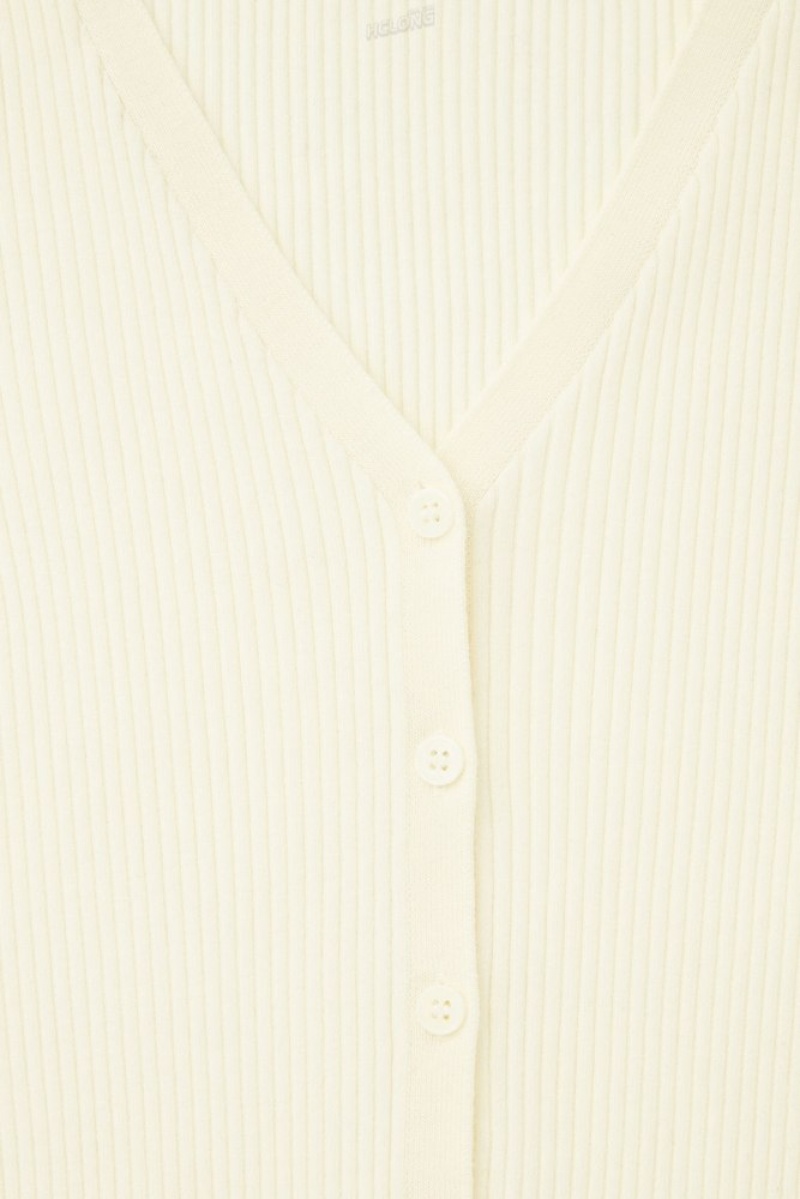 COS V-Neck Nervuré Laine Henley Top Blanche | 681372-AXO