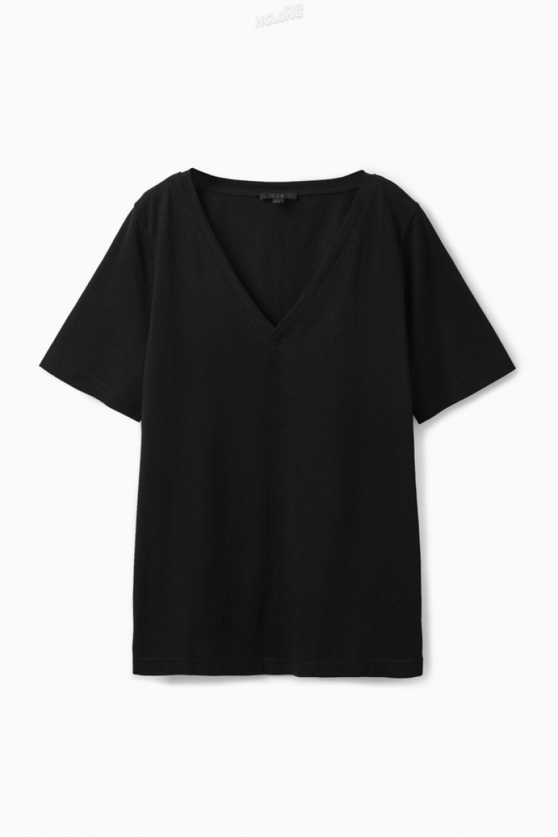 COS V-Neck T-Shirt Noir | 691504-MSW