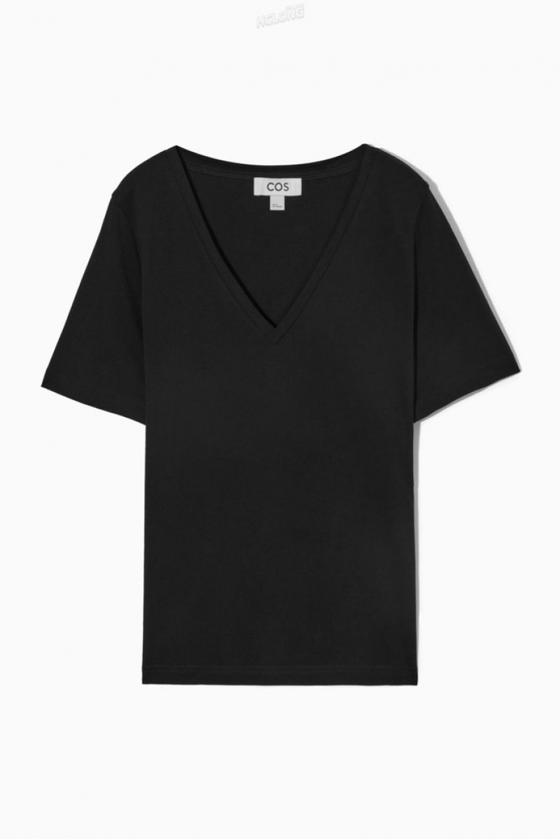 COS V-Neck T-Shirt Noir | 691504-MSW