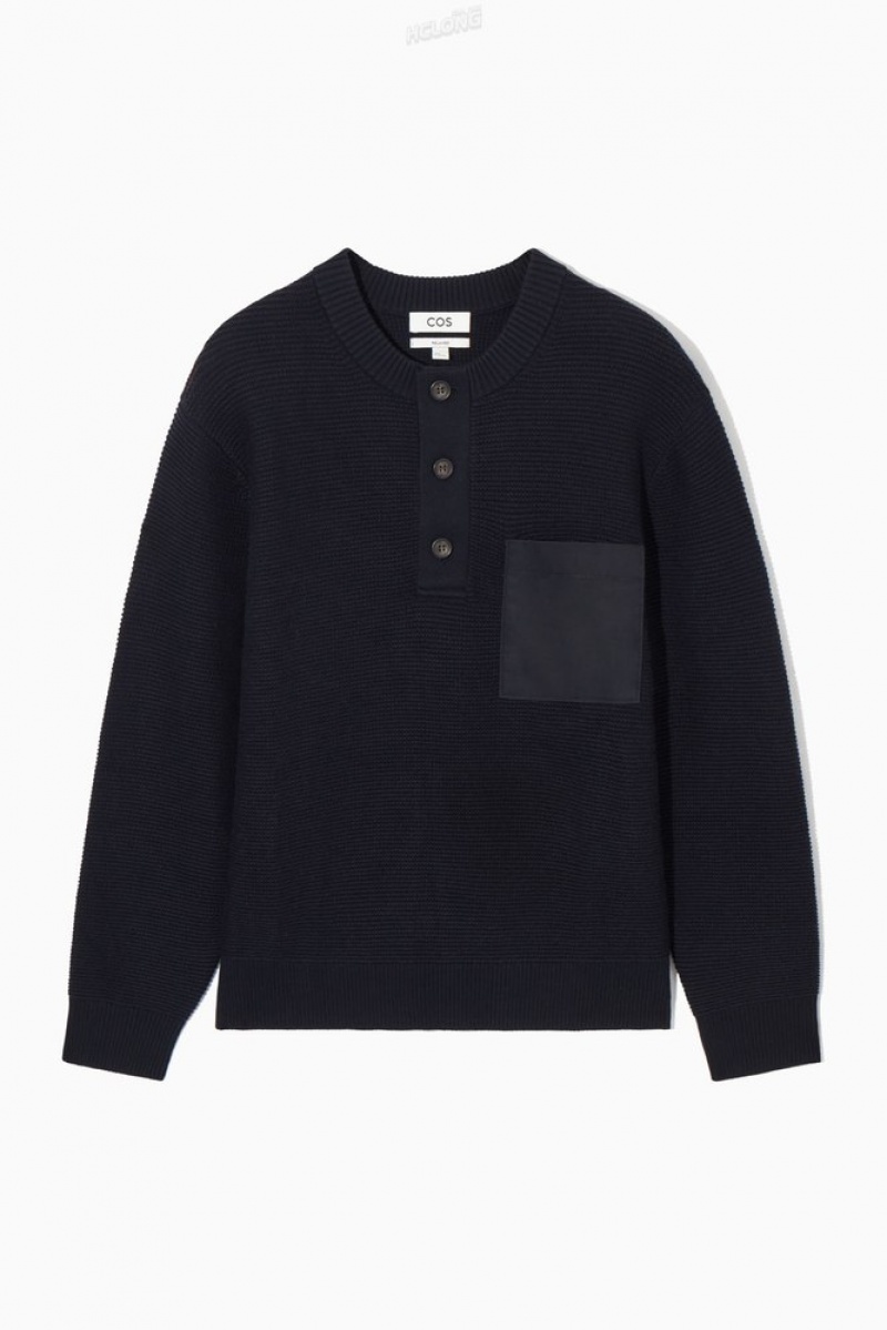 COS Waffle-Knit Henley Pull Bleu Marine | 321860-FHN