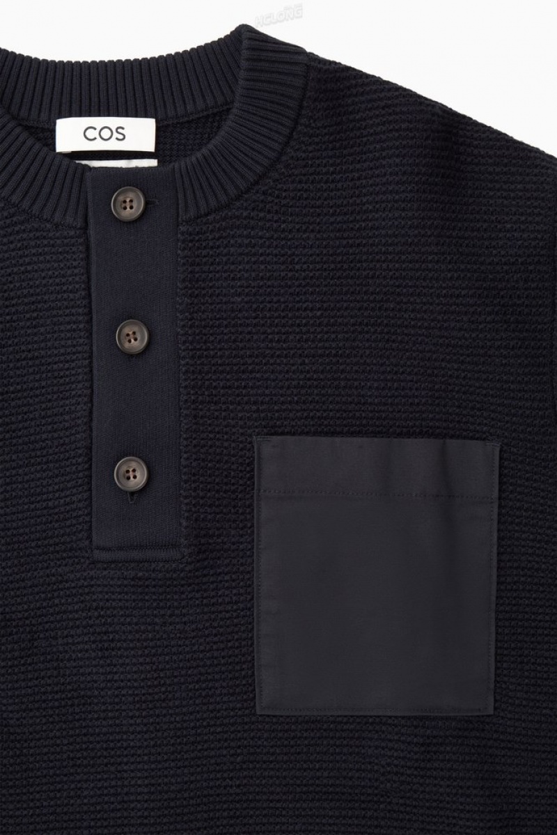 COS Waffle-Knit Henley Pull Bleu Marine | 321860-FHN