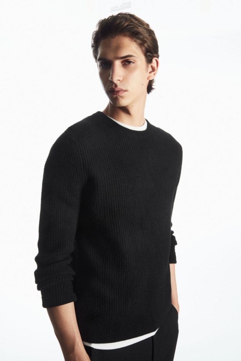 COS Waffle-Knit Pure Cashmere Jumper Noir | 957241-ICY