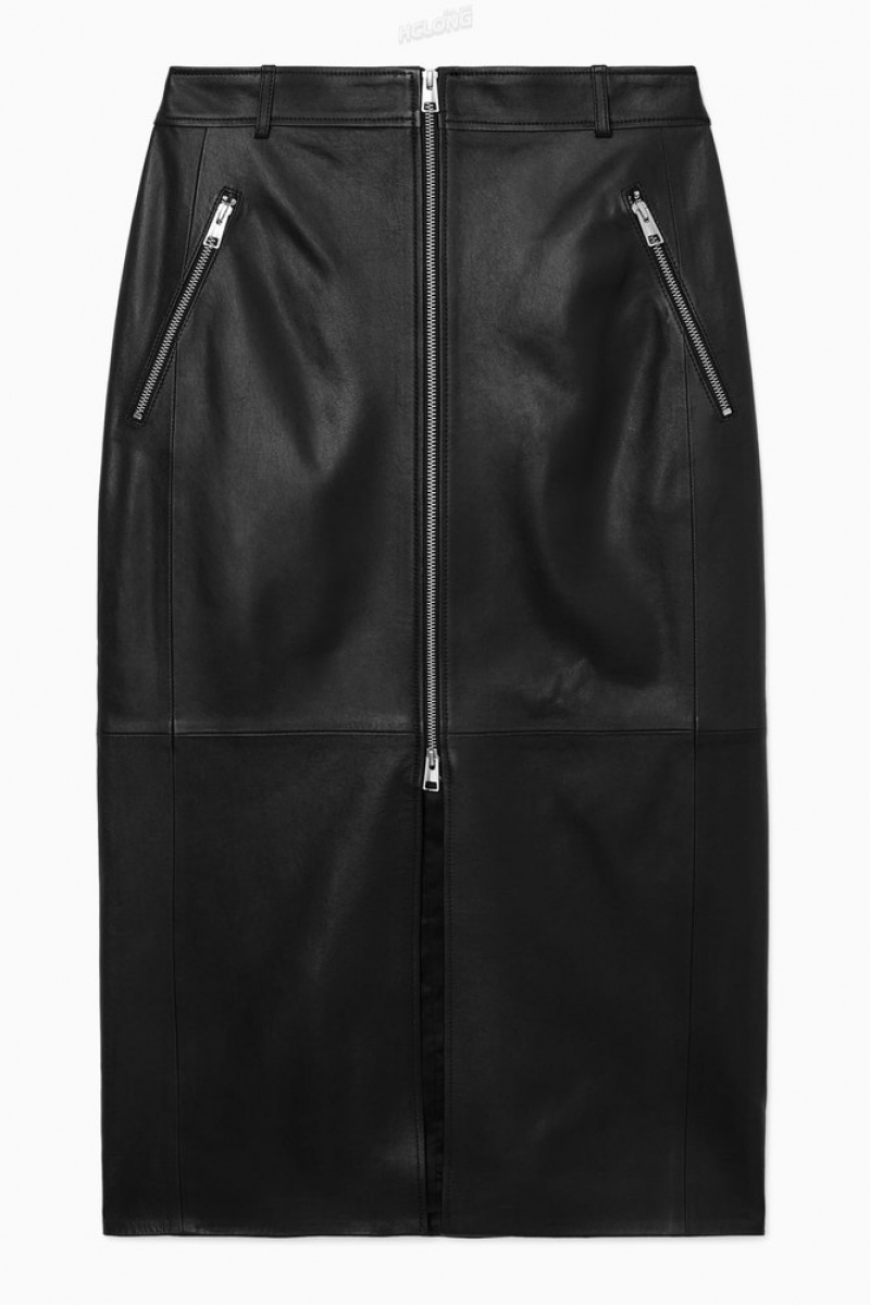 COS Zip-Up Cuir Midi Skirt Noir | 016539-SHI