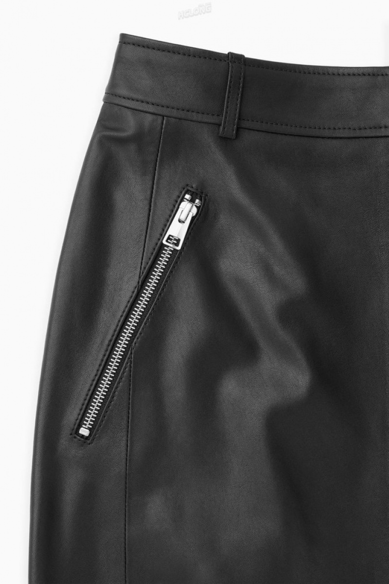 COS Zip-Up Cuir Midi Skirt Noir | 016539-SHI