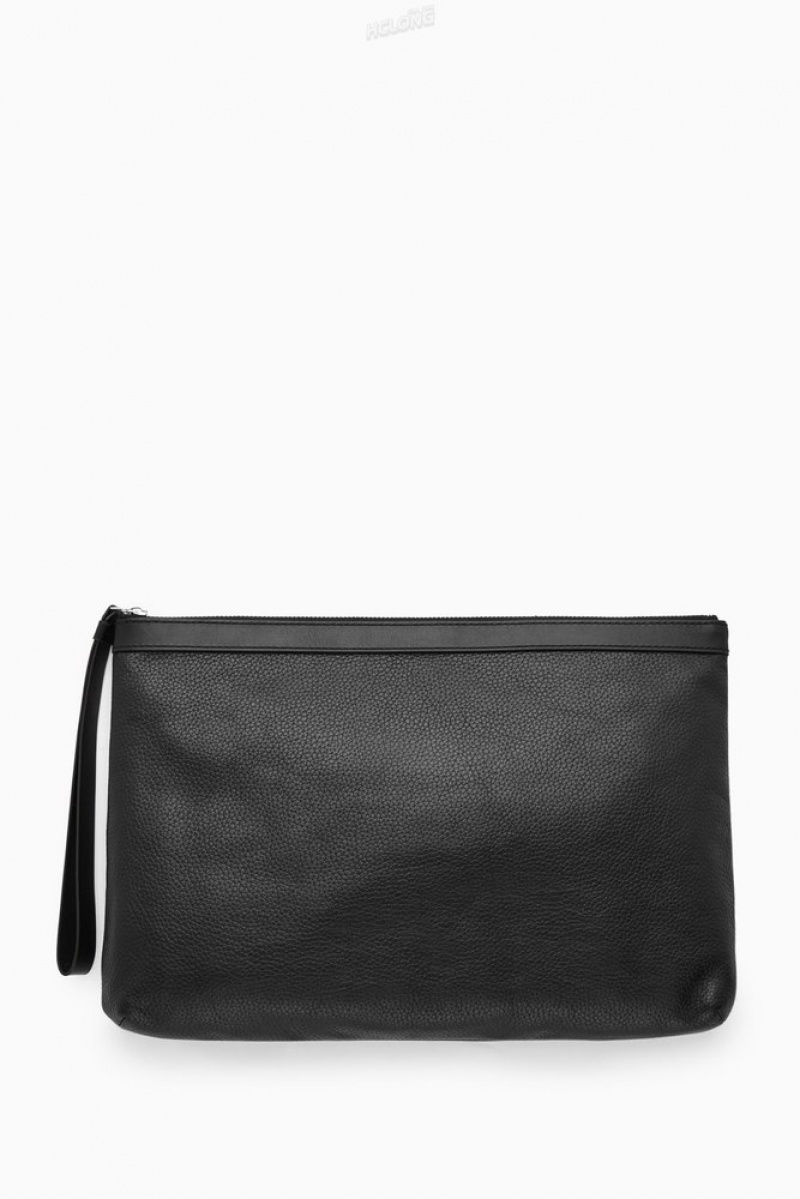 COS Zipped Folio Pouch - Grained Cuir Noir | 389501-DUE